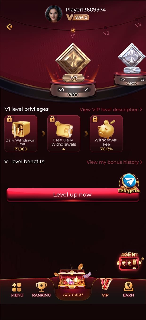 The VIP level screen of the bonu7 game app showing daily withdrawal limits and fees