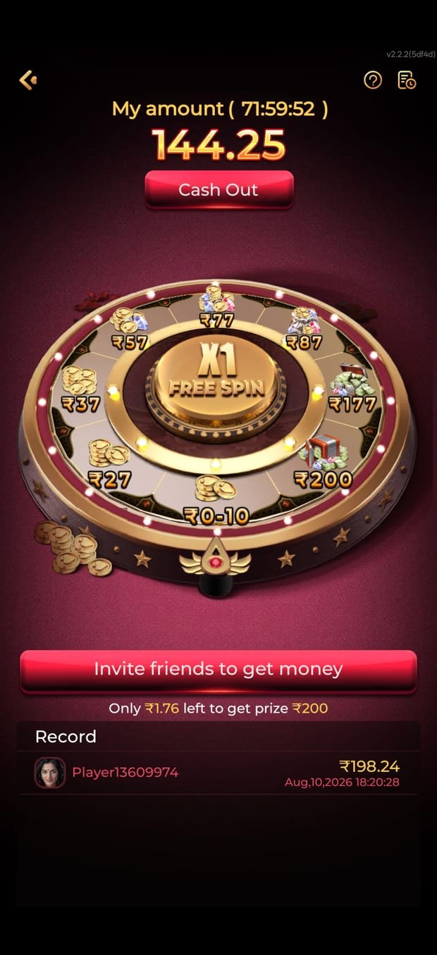 The free spin wheel and cash-out screen of the bonu7 game app